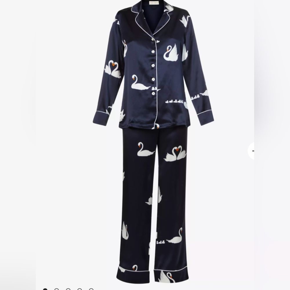 Olivia von Halle Lila Duet Swan Silk Pajama Set With Robe, Navy, SZ S/OS